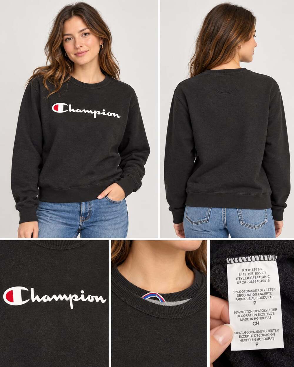 Champion Black Script Logo Crewneck Sweatshirt Classic Pullover 50/50 Fleece sma